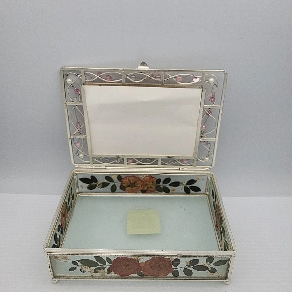 Vintage Glass Jewelry Trinket Photo Box w/ Colorful Beads On Wire